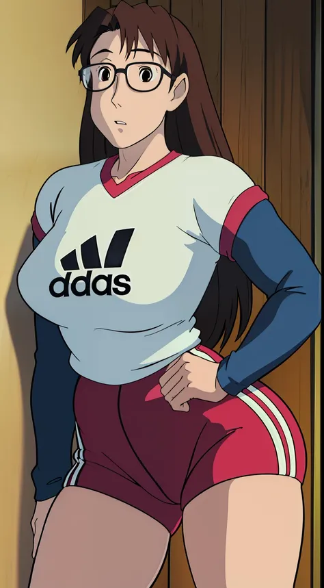 Koyomi Mizuhara, brown hair, long hair, glasses, brown eyes, luscious lips, Sleeved shirt jersey, large breasts, adidas biker shorts, socks, shoes, Wallpaper, Standing upright, sexual poses, close up, closer view, in front of POV kiss incoming