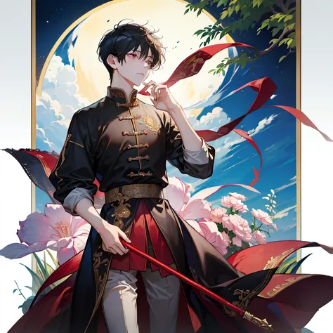 (in 8K、top-quality、masterpiece:1.2)、1 boy、short-haired、Hair short、Brown-skinned、Red scenery、