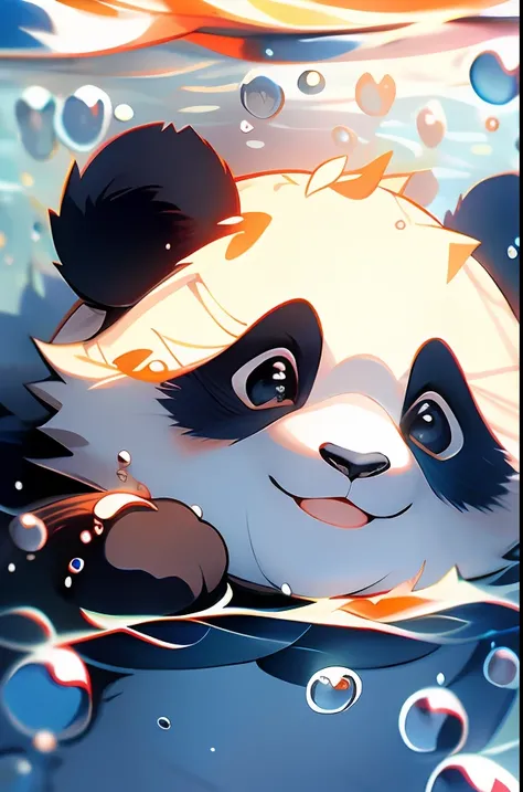 cute panda，closeup of face，portraitures，hairy pubic，leafs，no man，under the water，water bubbles，buble，higher details，simple color...