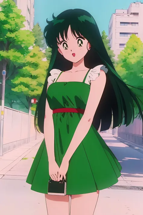 (retro anime girl:1.2),(green dress:1.1),(takano color style:1.1),(city with trees background:1.2)