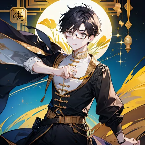 (in 8K、top-quality、masterpiece:1.2)、1 boy、short-haired、Hair short、Brown-skinned、Yellow view、eye glasses、