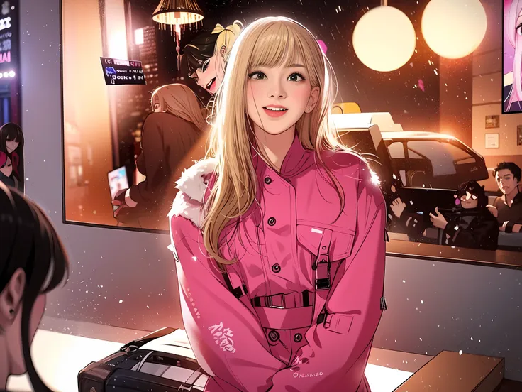 blond woman in pink jacket posing in front of a large screen, lalisa manobal, lalisa manoban of blackpink, roseanne park of blac...