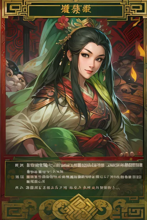 card design、below is the ui text box，1female，three kingdom:1.2，ancient chinese background，a meticulous face，clear face，beautidfu...