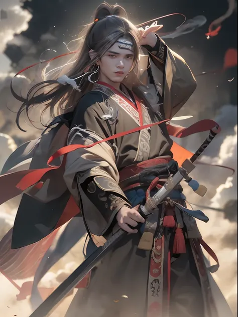 Young men of the Qin Dynasty, Delicate facial features, Symmetrical body, Wield a sword, surrounded by aura, Splashes,Ambilight, Ultra-wide angle, Cinema lenses,Dynamic movements, Expressive, Chiaroscuro, smoke explosion,Depth of field 1.5,Character Spotli...