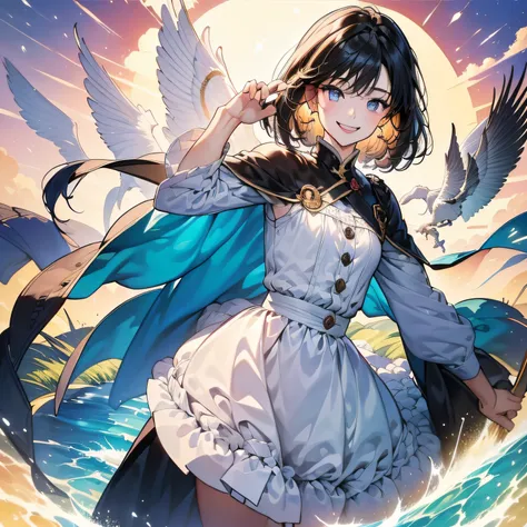 (in 8K、top-quality、masterpiece:1.2)、1人の女性、(Smiling smile:1.1)、beautidful eyes、Valley、The upper part of the body、length hair、Like a boy、poneyTail、Yellow view、