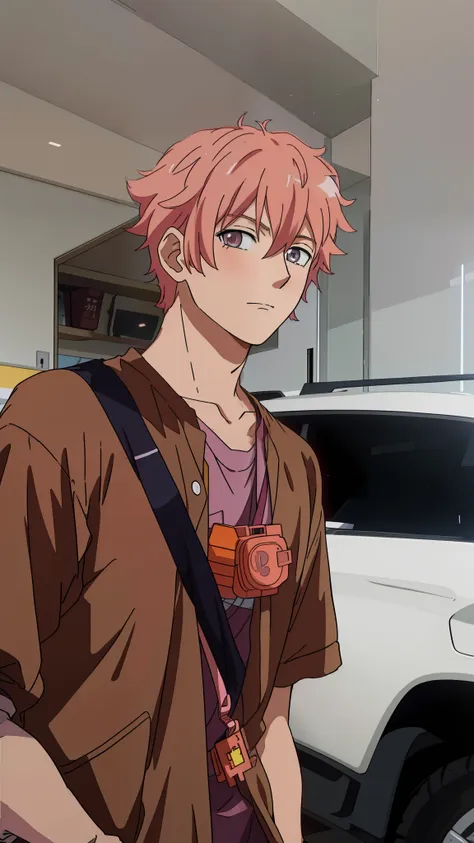 anime image of a man with pink hair standing in front of a white suv, official anime still, orange - haired anime boy, 8k!, offi...