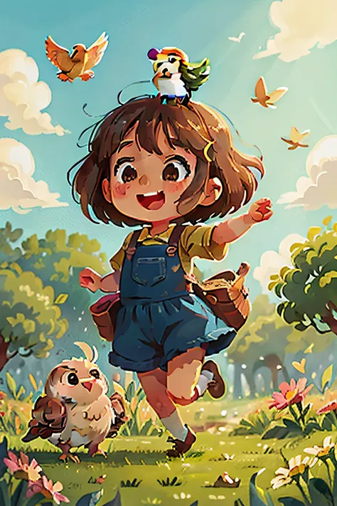 cute little girl jumping in the fields and having fun with her pet bird