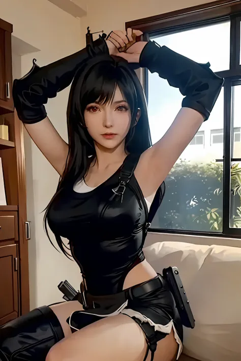 1girl, solo, indoors, studio, kicking, photorealistic, realistic, photoraphy, cosplay, (tifa lockhart)