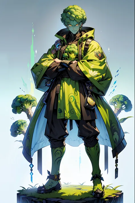 ((top-quality))、((tmasterpiece))、((one male，Full body standing painting))、((very simple background))，(Game character design)，Broccoli anthropomorphic monster，(Broccoli blends with the body)，luminous body，Male Beastman，Ornaments with broccoli motifs，cyber punk perssonage，独奏，Fighting posture，Unbridled imagination，hoang lap，eerie