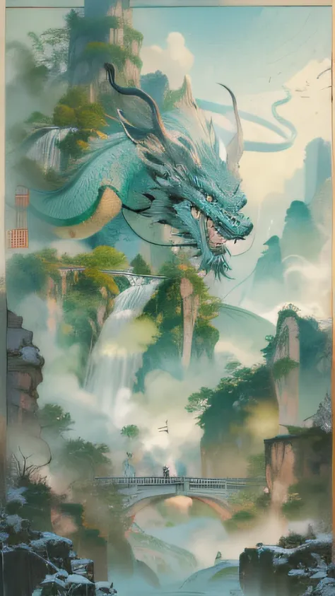 First-person perspective reaches out to touch the Chinese dragon,A huge cyan faucet reaches out to the audience,The mountains of Zhangjiajie,Megalophobia,POV view, Ultra-wide angle,Ultra-low angle shooting,by Alphonse Mucha,arthur rackham,James Jean, and V...