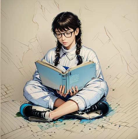 girl sitting on the floor reading a book，depth of field, best quality, super detail，masterpiece，manhwa style，illustrated，line ar...