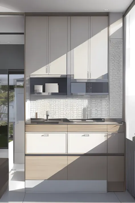 (perfect detail, computer generated, drawing, unreal detail, rendering, realistic detail, 3/4 view, cabinets, modern look, a dig...