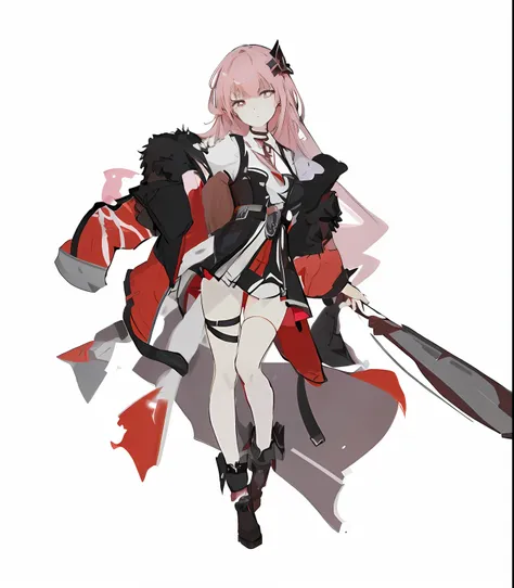 anime character holding a sword with pink hair and black and white costume, ayaka genshin impact, from arknights, cushart krentz...