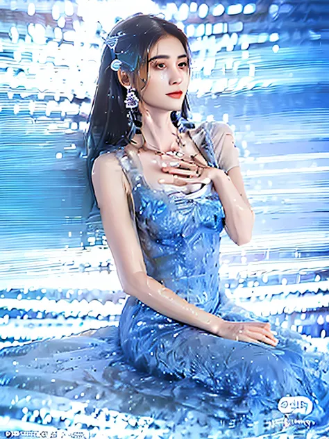 woman sitting on blue surface in dress, real photoshoot queen of oceans,  closeup fantasy with water magic,  wearing a dress mad...