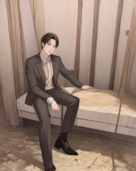 there is a man sitting on a bed in a suit, sitting on the bed, high quality fanart, sitting on a bed, official fanart, by yang j...