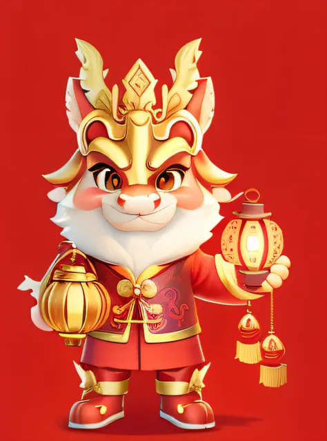 cartoon dragon，illustration，2d effect，china-style，new year mascot，holding a lantern in his left hand，holding a gold ingots in hi...