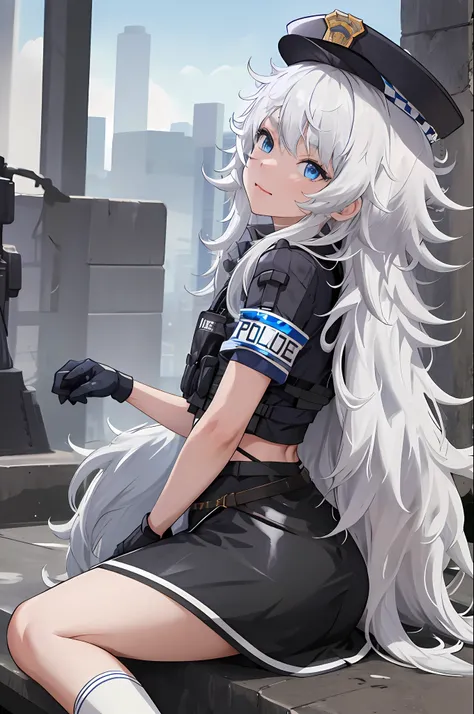 masterpiece, best quality, highres, 1girl, solo, long hair, hat, blue eyes, white hair, messy hair, black gloves, white socks, police uniform, black skirt, short sleeves, cowboy shot, filed, ruins, from side,