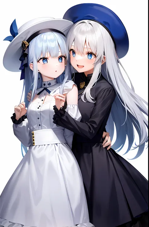 a blue-haired, blue-eyed girl hugged a girl with white hair and a big hat