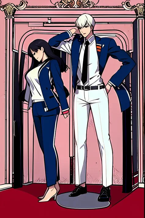 anime drawing of a man and woman standing on a scale, height 1 7 8, muscular!!, muscular!, muscular! white, yandere. tall, tall ...