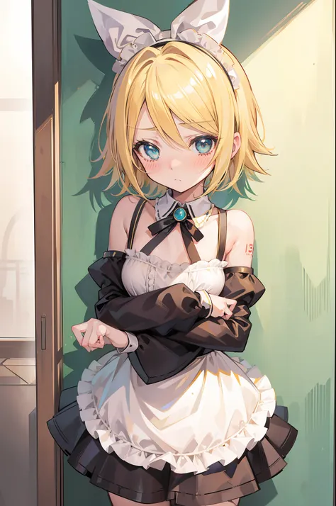 one girl, (kagamine_rin), green eyes, blond hair, short hair, cute face, beautiful eyes, flat chest, (maid costume), standing, c...