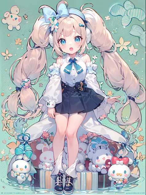 1girll, solo, cinnamiku, blue hair, blue eyes, hair rings, hair bow, (blue bow), (cinnamoroll, tied ears, sanrio, 1other, organi...