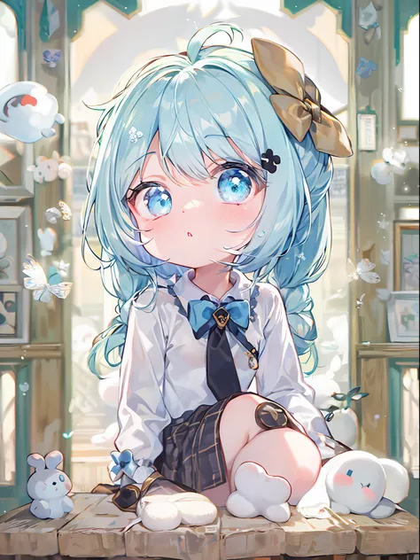 1girll, solo, cinnamiku, blue hair, blue eyes, hair rings, hair bow, (blue bow), (cinnamoroll, tied ears, sanrio, 1other, organi...