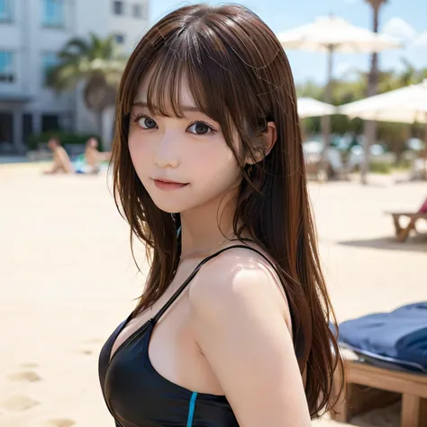 8K,Best Quality, 超A high resolution, (Photorealistic:1.4),masterpiece:1.3, Raw photo, (upper thigh:1.5, From Side:0.7), (Bokeh:1.2), sea side:1.3, (in a suite:1.6),sand beach:1.1, 1日本人の女の子, Cute, (Solo:1.6), (Shy smile), Smooth skin, (Brown medium hair,Ba...