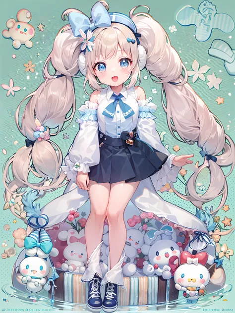 1girll, solo, cinnamiku, blue hair, blue eyes, hair rings, hair bow, (blue bow), (cinnamoroll, tied ears, sanrio, 1other, organi...