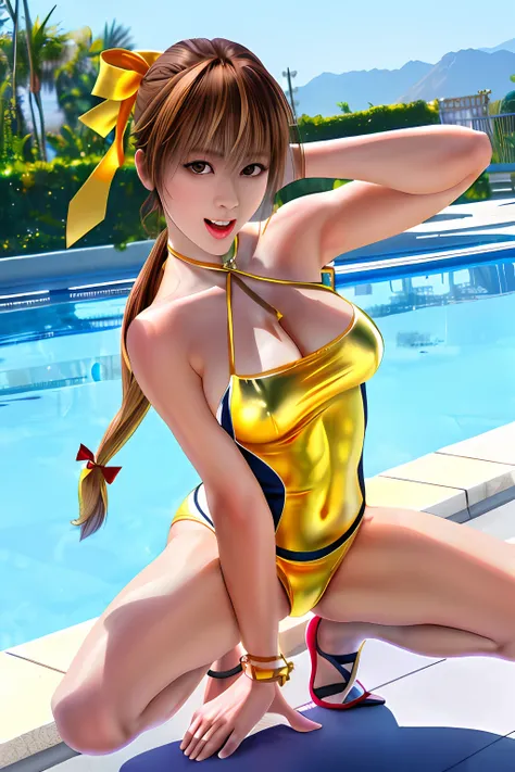 Top image quality、top-quality、8K picture quality、NSFW、1girll、full body Esbian、Haze、A smile、embarrassed from、red blush、Beautiful fece、light brown hair、poneyTail、(Tie your hair with a yellow ribbon:1.2)、Colossal tits、(Gold Metallic:1.4)、(Sleeveless)、(High ne...