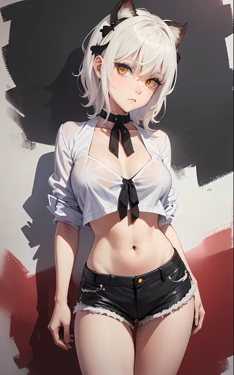 masterpiece, short shorts, navel, collarbone, masterpiece, best quality, highres, dark persona, watercolor painting theme, (looking at the viewer: 1.1), wide hips, big ass, standing, bent, tojou koneko, yellow eyes, white hair, short hair, hair decoration,...
