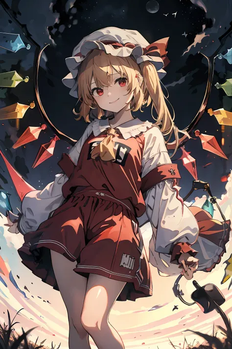 ​masterpiece, top-quality, 1girl in,natta,big moon,flandre scarlet, mob hat, a smile、wearing a big red jersey、top jersey only、bi...