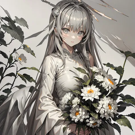 【highest quality, masutepiece】 (gray white background:1.7), beautiful girl bring a potted flower