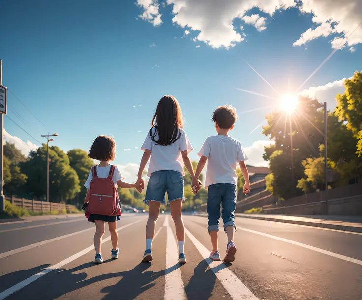 two girl with one boy crossing the road, sunlight realistic, clearly 4k masterpiece, sky background --auto --s2