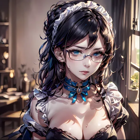 (64k, RAW photo, highres, best quality, masterpiece:2.0), (ultra-fine depiction of the detail:2.0), (realistic, beautiful, photo-realistic:1.3), 1girl, (yuri alpha), (long black hair, slightly messy), (single braid bun), (shiny black hair, blue-gray eyes),...