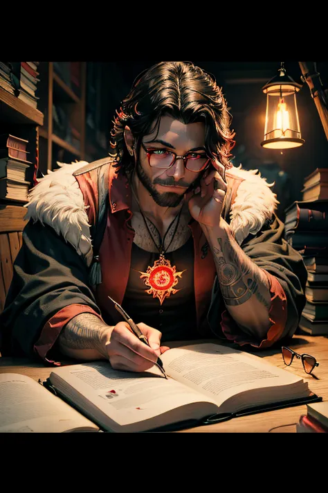 luz vermelha, detetive mago, grimoire, eyeglass, tatuagem na testa, homem, ambiente escuro
