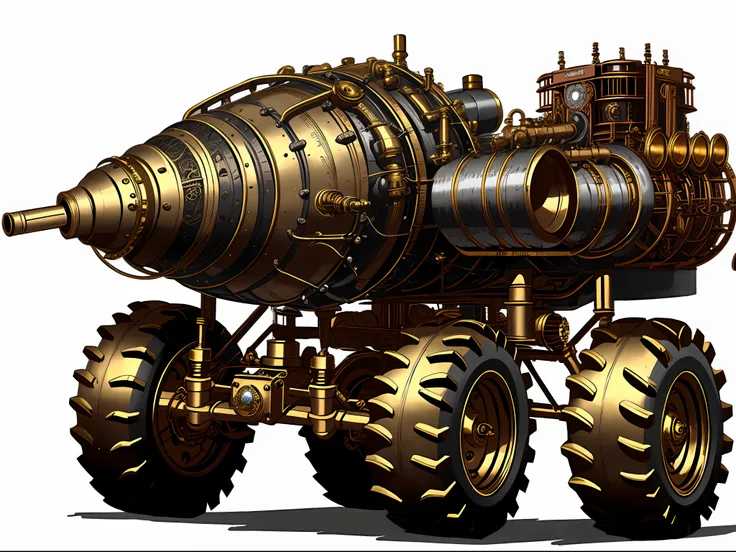 steampunk monster trucks、from side view、brass、steel、great photos of pipes、white background