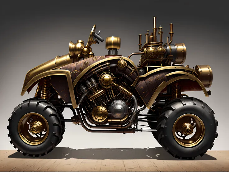 steampunk monster trucks、from side view、brass、steel、great photos of pipes、white background