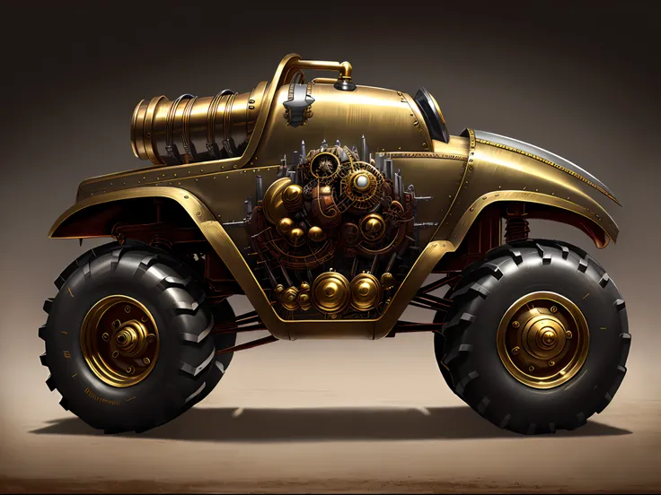 steampunk monster trucks、from side view、brass、steel、great photos of pipes、white background