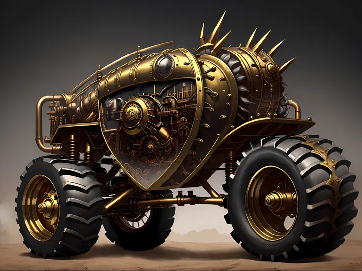 steampunk monster trucks、from side view、brass、steel、great photos of pipes、white background