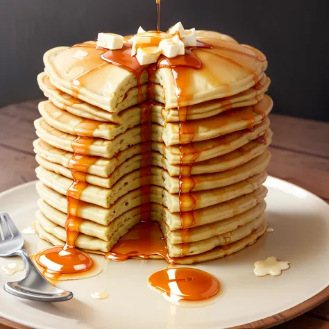 masterpiece, high quality, best quality, pancakes poured with maple syrup, (thin pancakes), foodphoto,