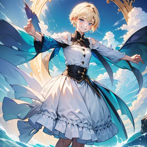 (in 8K、top-quality、masterpiece:1.2)、1人の女性、(Smiling smile:1.1)、beautidful eyes、Valley、The upper part of the body、length hair、Like a boy、poneyTail、Yellow view、