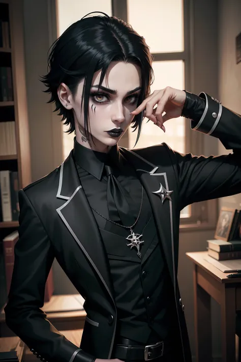 skinny boy wearing gothic makeup, colegial, gothic student, garoto, cilios finos, maquiagem, franzino, arrogante, personagem 2d,...