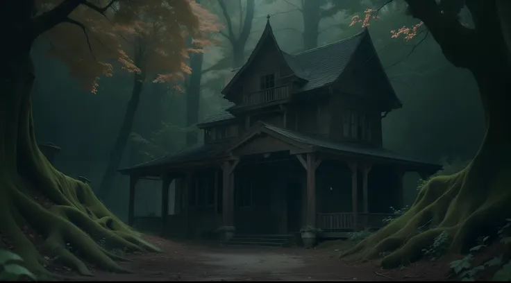 deep in a dark and mysterious forest、spooky western-style building、mystical、magia、very realistic, photography, one-person viewpo...