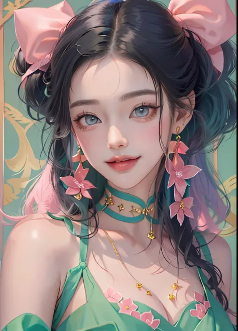 A woman who is,Long black hair,wearing blue dress,green earrings,pink bows,tmasterpiece,the detail,ssmile