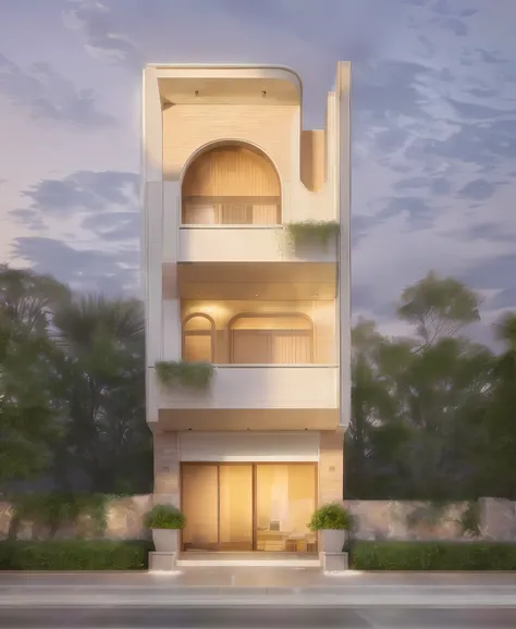 a rendering of a modern town house with big glass windows, very realistic 3d render, 3 d vray render, very realistic render ,facade elevation view, professional render, high render, vray render, realistic architecture, Yellow marble stone PRB texture, Whit...
