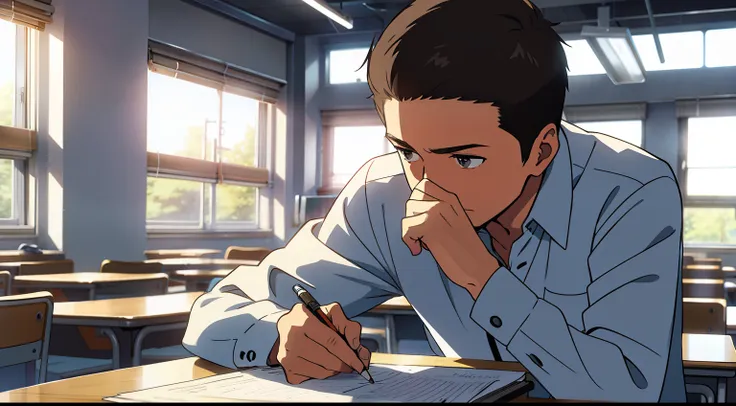 high school classroom，one wears a white shirt，a boy with delicate facial features，pen in hand，write with your head down