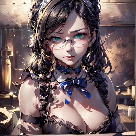 (64k, RAW photo, highres, best quality, masterpiece:2.0), (ultra-fine depiction of the detail:2.0), (realistic, beautiful, photo-realistic:1.3), 1girl, (yuri alpha), (long black hair, slightly messy), (diagonal bangs), (single braid bun, double bun), (shin...
