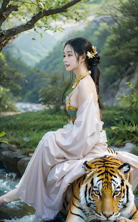 a beautiful woman dressed in white from the tang dynasty sits on the back of a tiger，walk leisurely on the deep forest mountain ...