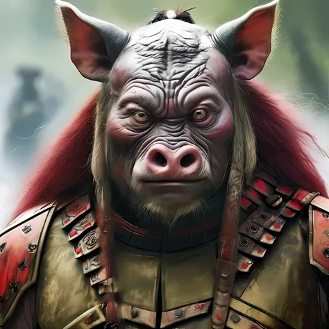 closeup cleavage：pig-man hybrid as a photo of a warrior，8k，myths and legends of zhu bajie，there are scars on the face，expression...