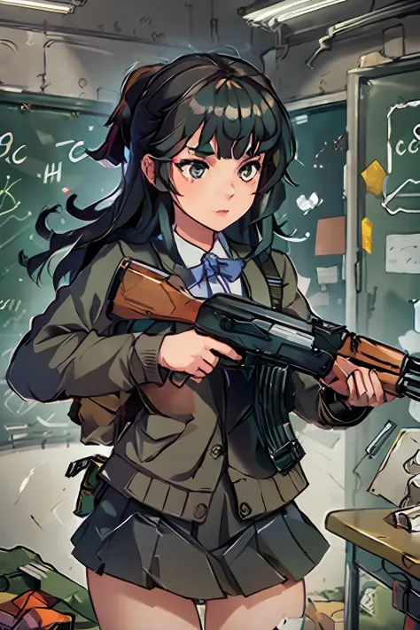 masterpiece, best quality, high resolution, extremely detailed cg, 1girl, school uniform, holding gun, ak-47, akm, assault rifle...